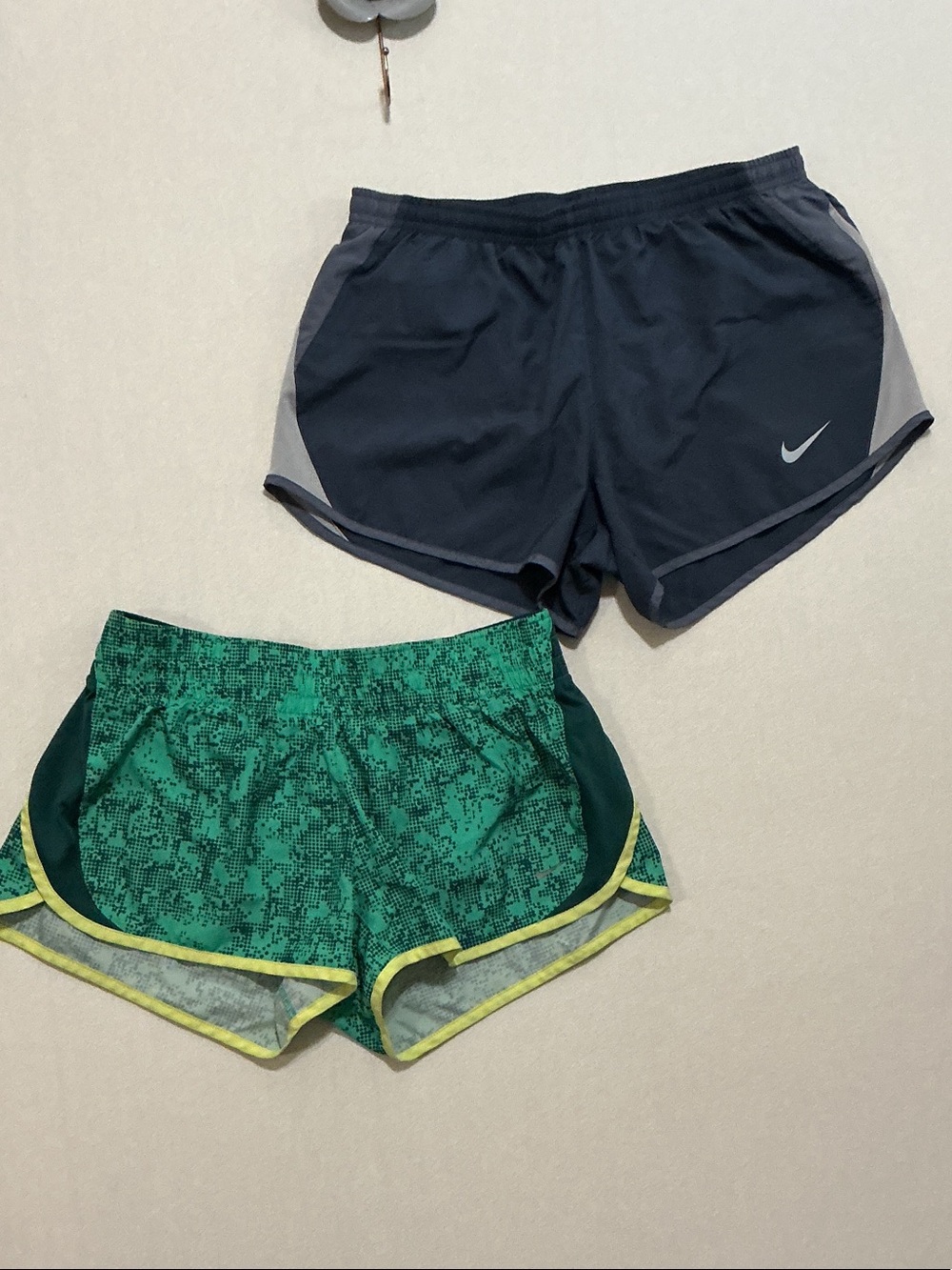 Nike Women's Black & Gray Performance Shorts and Green Patterned Running Shorts